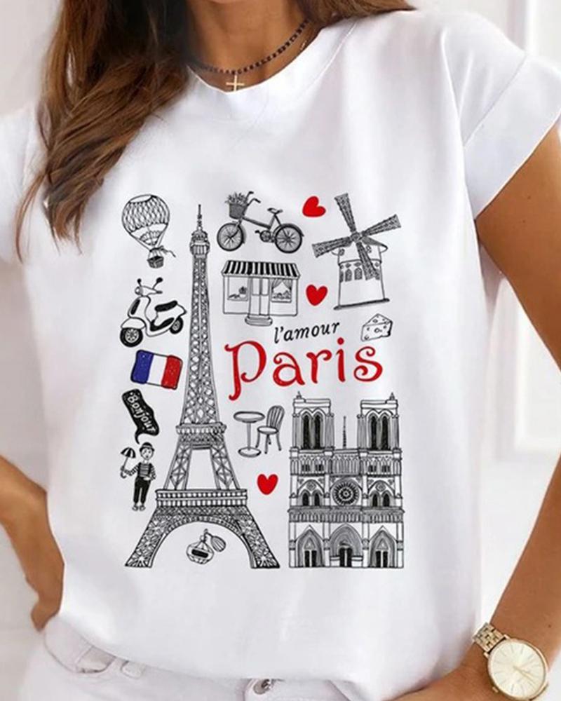 

Eiffel Tower Cartoon Print Short Sleeve T-shirt, Style1