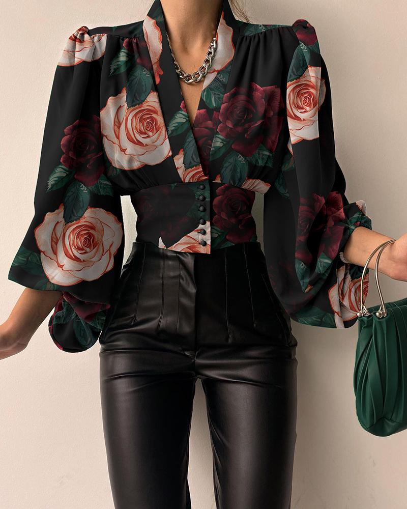 

Floral Print Puff Lantern Sleeve Top, Black