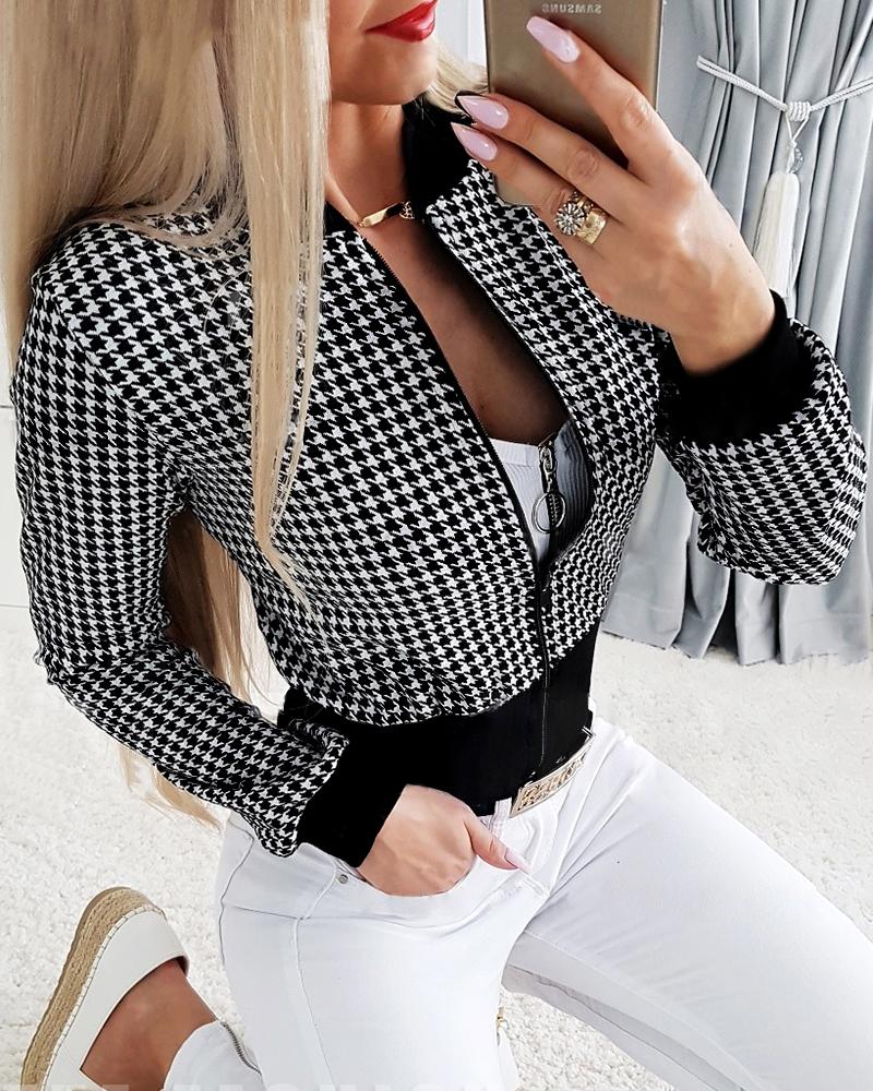 

Houndstooth Print Zipper Design Baseball Jacket, Black