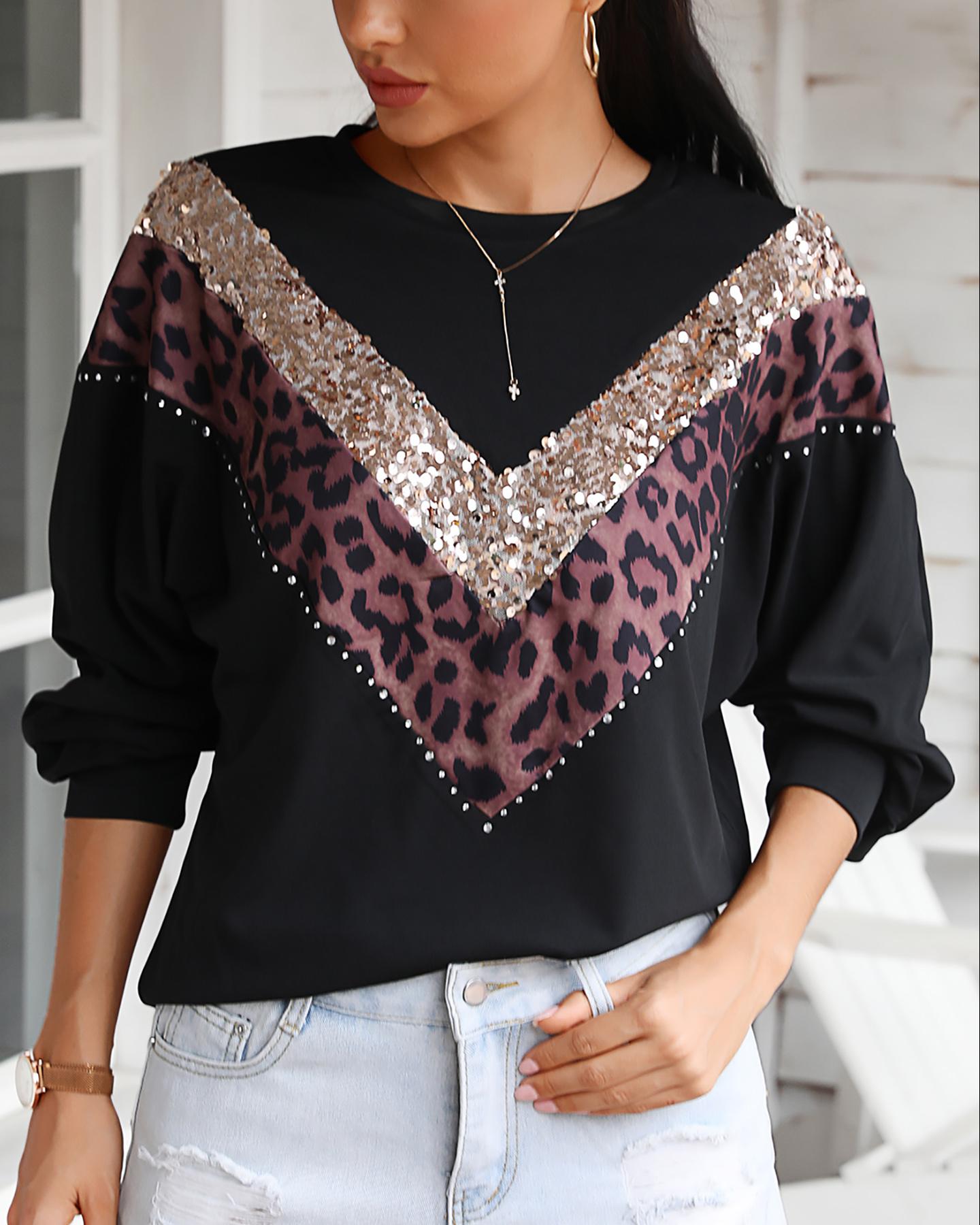 

Leopard Sequins Colorblock Insert Casual Blouse, Black