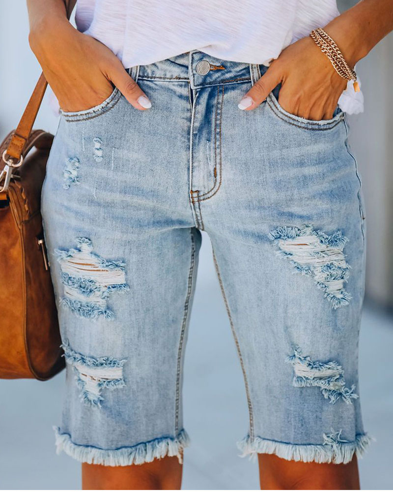 

Zipper Fly Ripped Raw Hem Denim Shorts, Lighted blue