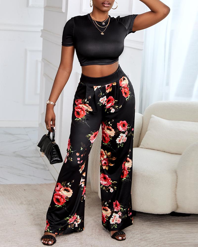 Crop Top & Floral Print High Waist Pants Set
