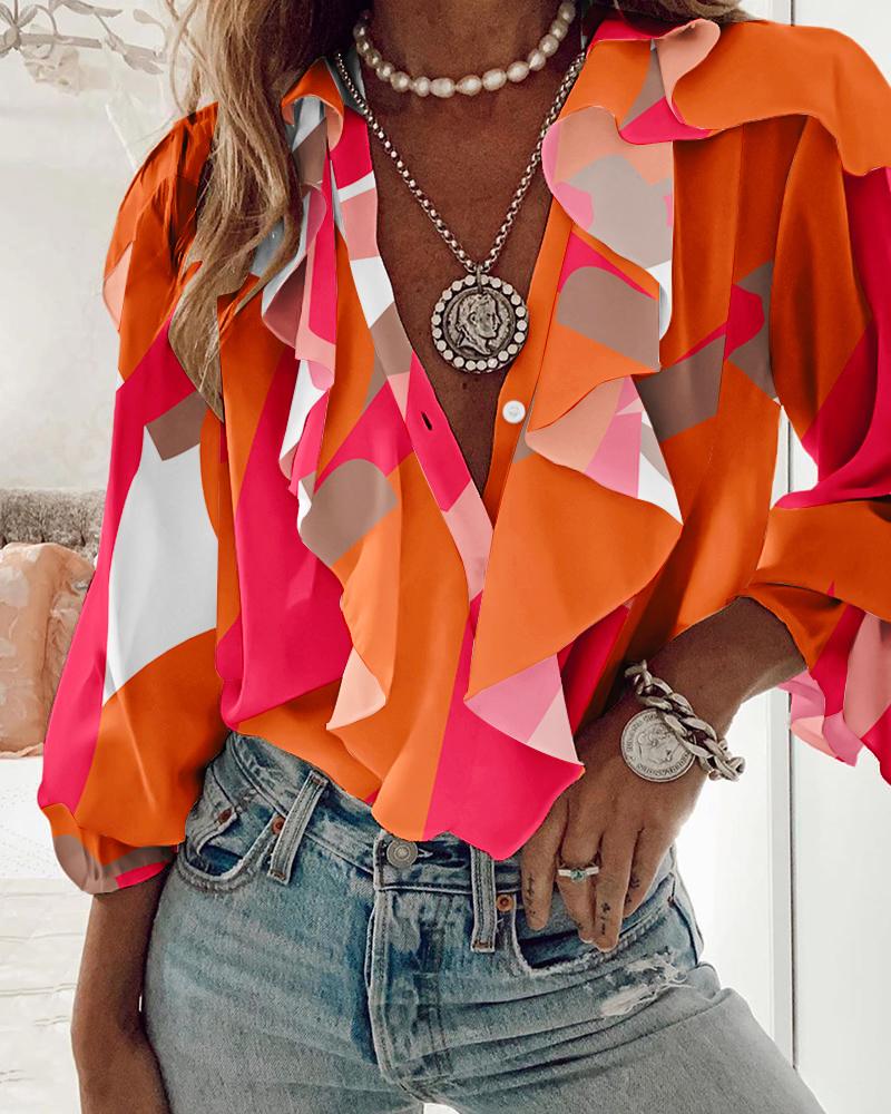 

Colorblock Flounce Sleeve Ruffle Hem Top, Orange