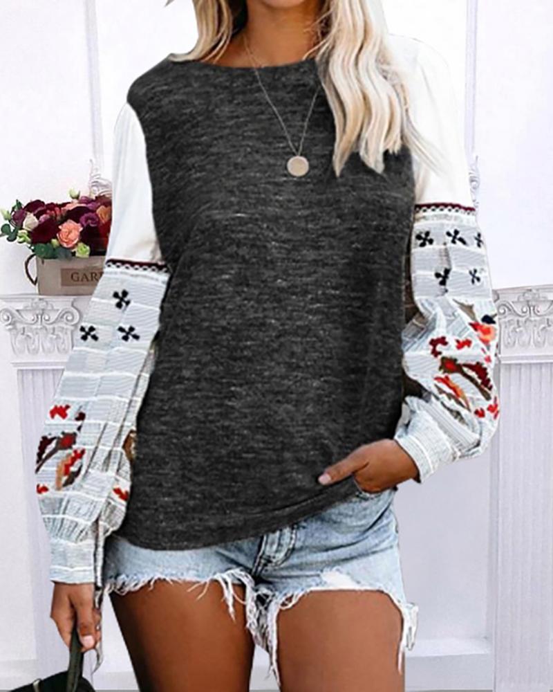 

Lantern Sleeve Birds Print Colorblock Casual Sweatshirt, Dark grey