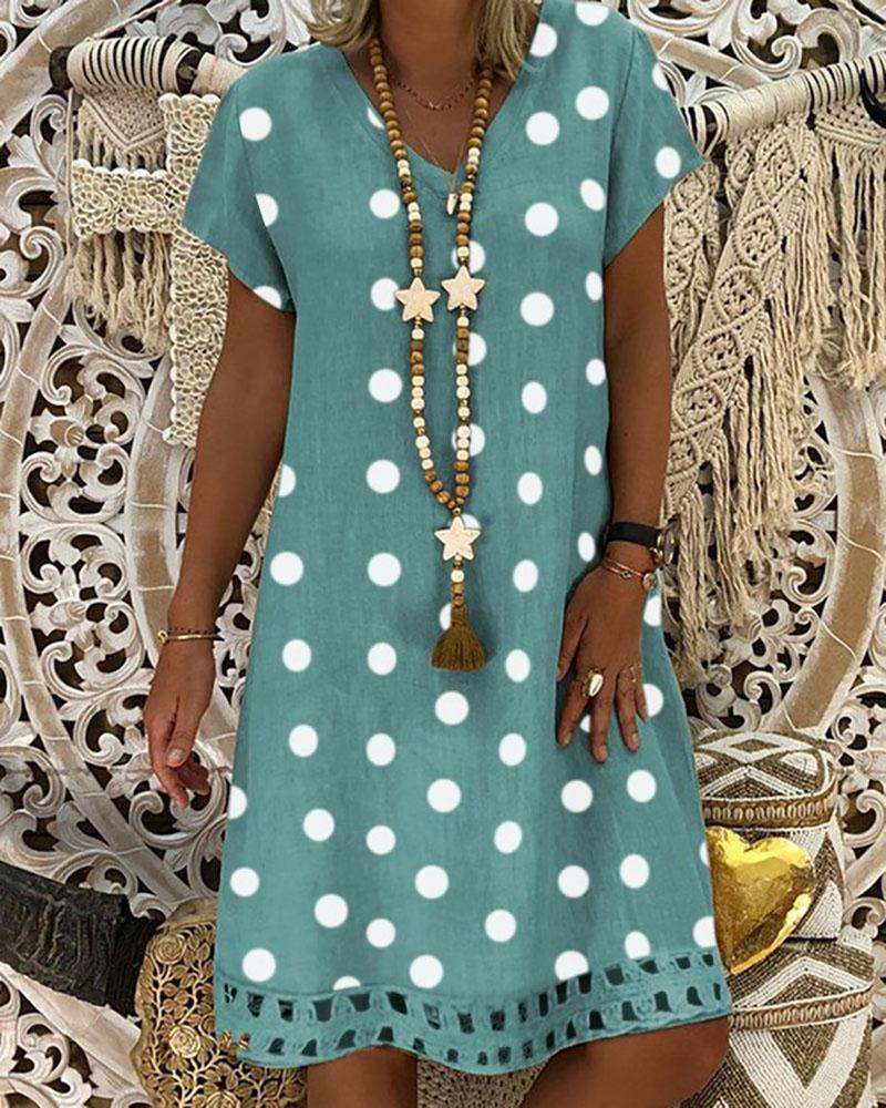 

Polka Dot Print V-Neck Casual Dress, Lighted blue