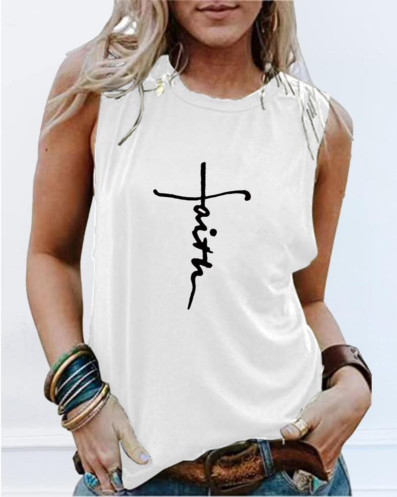 

Letter Print Casual Tank Top, White