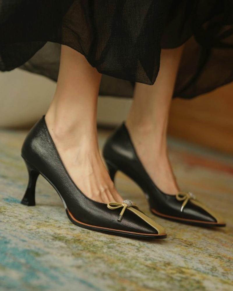 

Colorblock Bowknot Front Square Toe Pyramid Heels, Black