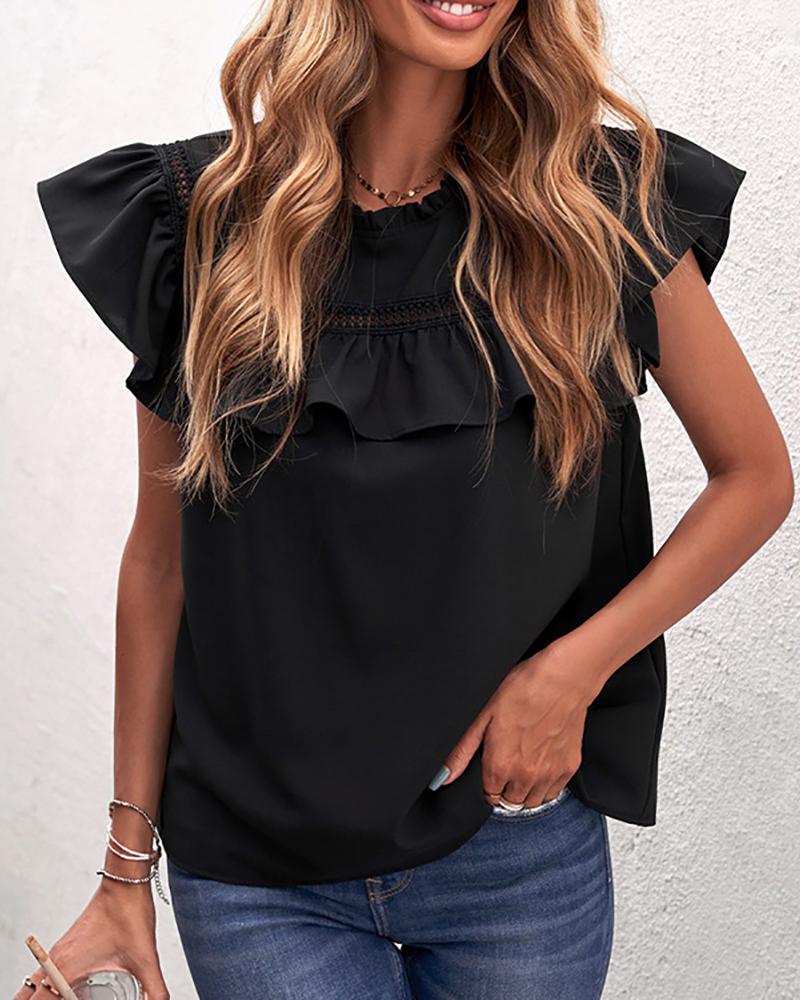 

Ruffles Hollow Out Casual T-shirt, Black
