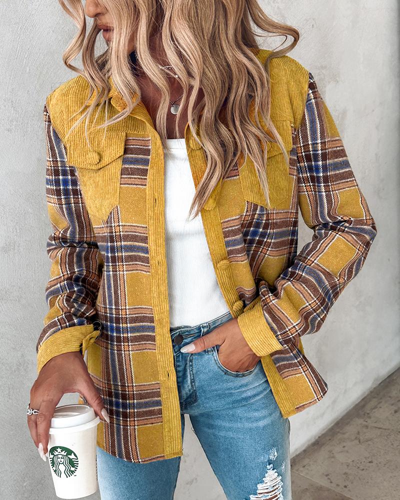 

Colorblock Plaid Print Buttoned Corduroy Shacket, Yellow