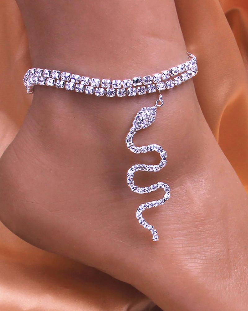 

Snake Pattern Layered Studded Anklet, Silver