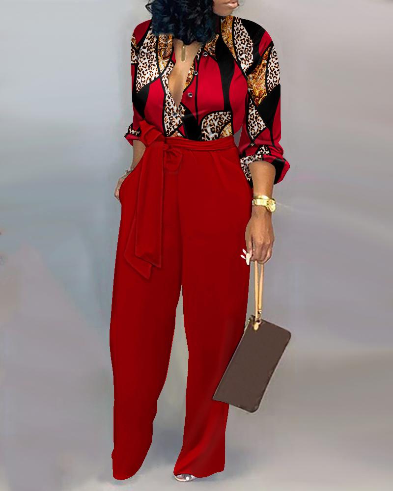 

Leopard Baroque Print Pocket Design Knotted Jumpsuit, Red