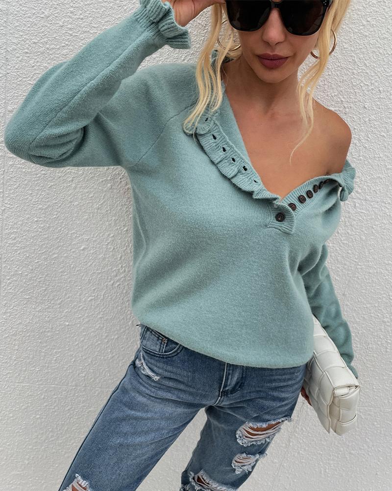 

Frill Hem Bell Sleeve Button Front Sweater, Blue