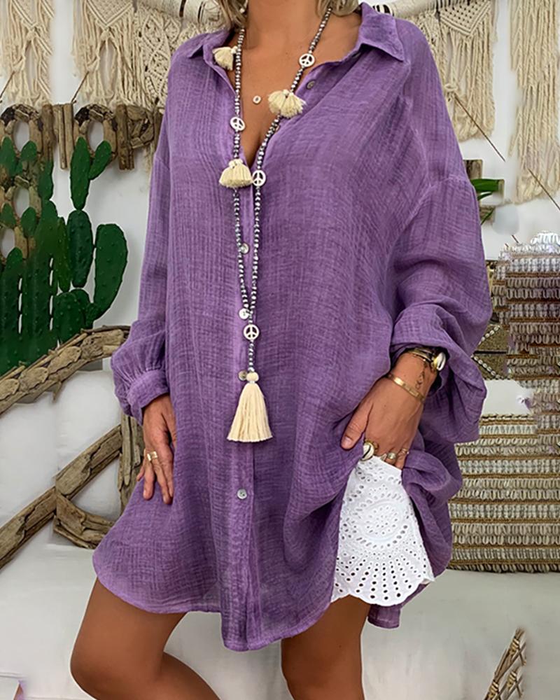 

Lantern Sleeve Button Design Casual Blouse, Purple