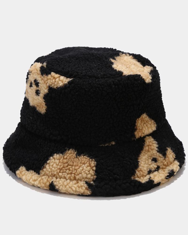 

Teddy Bear Pattern Fuzzy Winter Thermal Bucket Hat, Black