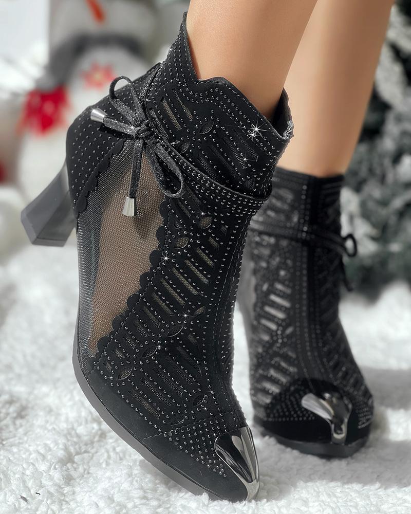 

Rhinestone Hollow Out Bowknot Decor Chunky Heel Ankle Boots, Black