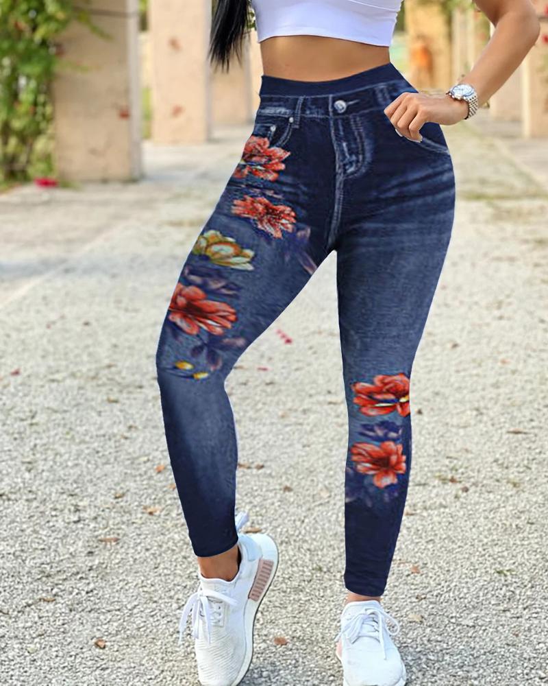 

Solid Color Splicing Floral Print Skinny Pants, Blue