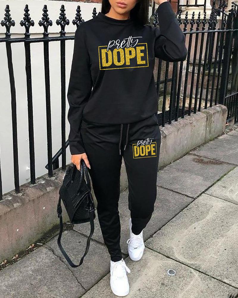 

Long Sleeve Letter Print Sweatshirt & Drawstring Pants Set, Black