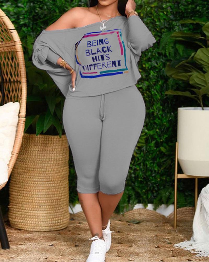 

Plus Size Letter Print Lantern Sleeve T-shirt & Skinny Pants Set, Gray