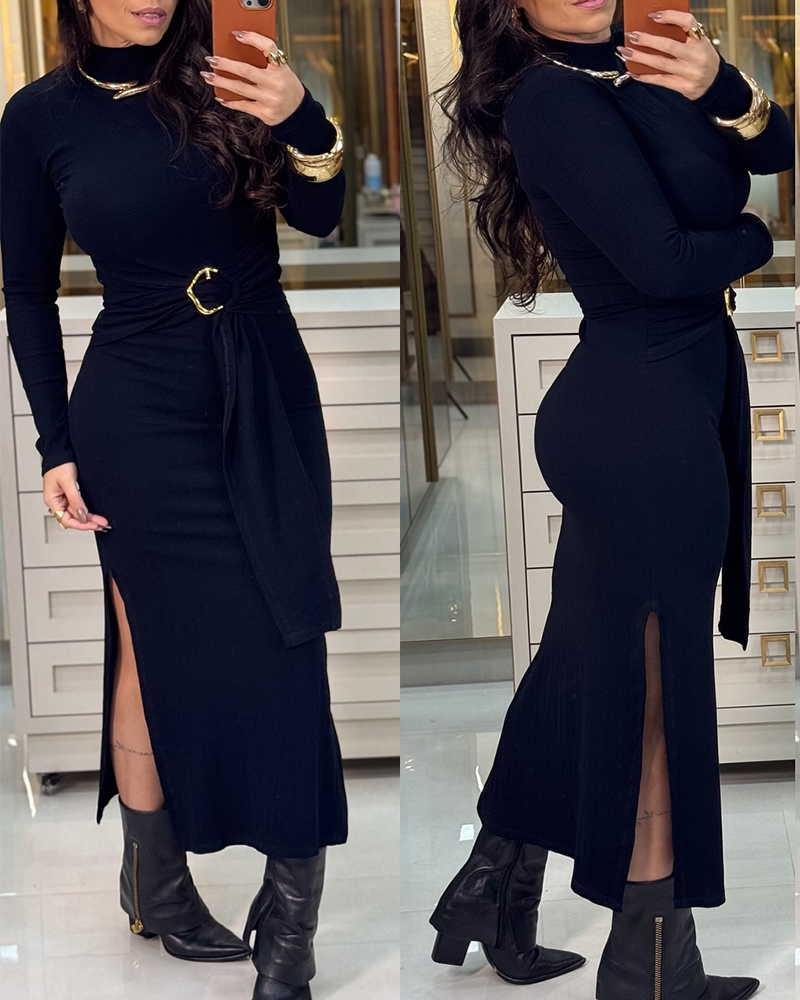 

Vestido midi casual com decote alto, manga comprida, cintura alta, decoração em metal, detalhe amarrado, slim fit, justo, com fenda, Black