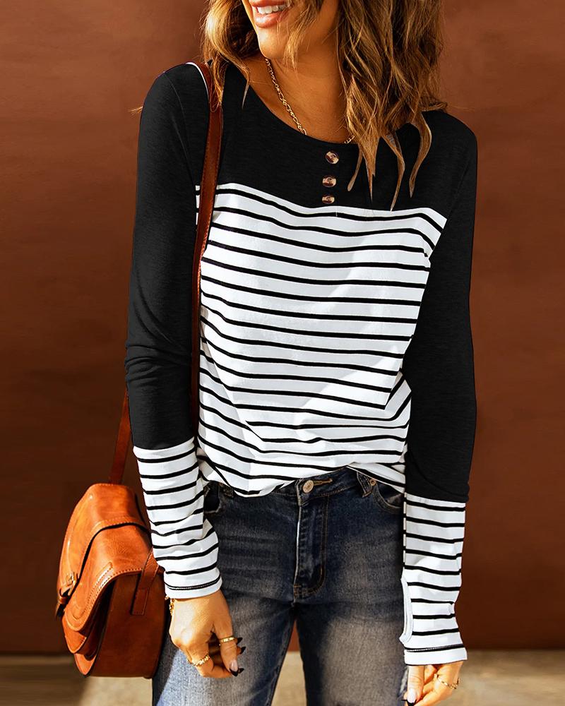 

Button Decor Striped Colorblock Top, Black