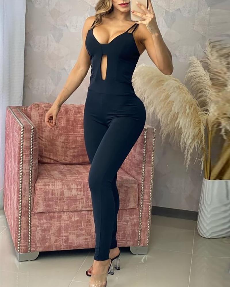 

V-Neck Sleeveless Cutout Skinny Jumpsuit, Black
