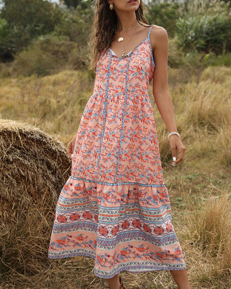 

Tie Front Spaghetti Strap Floral Print Dress, Pink