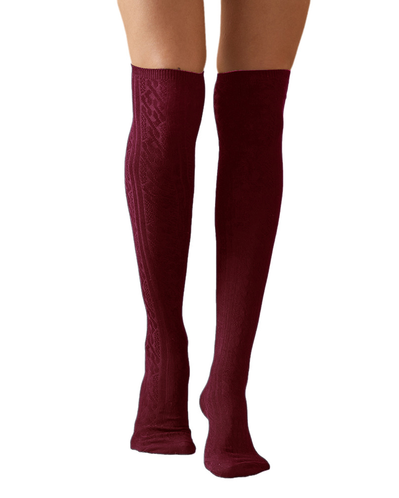 

Cable Knit Over The Knee High Long Socks, Wine red