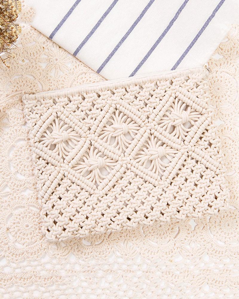 

Retro Tassel Decor Braided Beach Handbag, White
