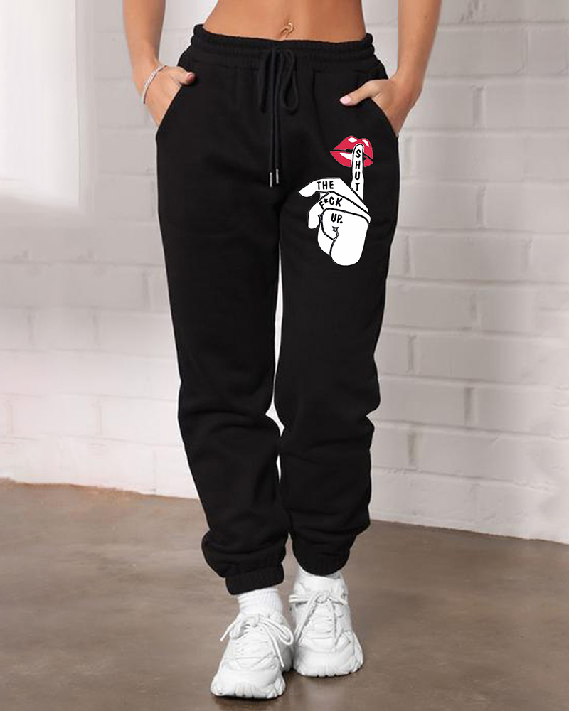 

Slogan Print Drawstring Pocket Design Sweatpants, Black
