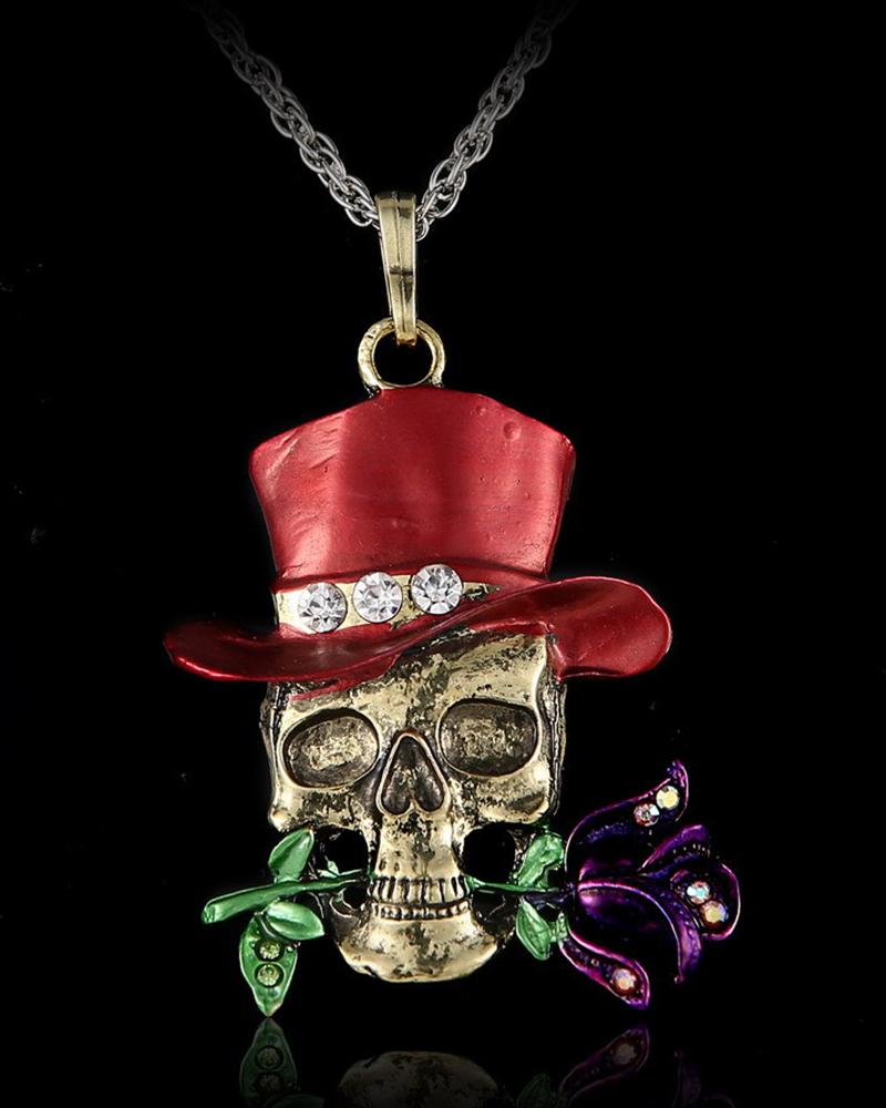 

1pc Halloween Rhinestone Decor Skull Pendant Necklace, Red