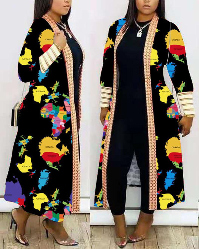 

Plus Size Map Print Open Front Longline Coat, Black