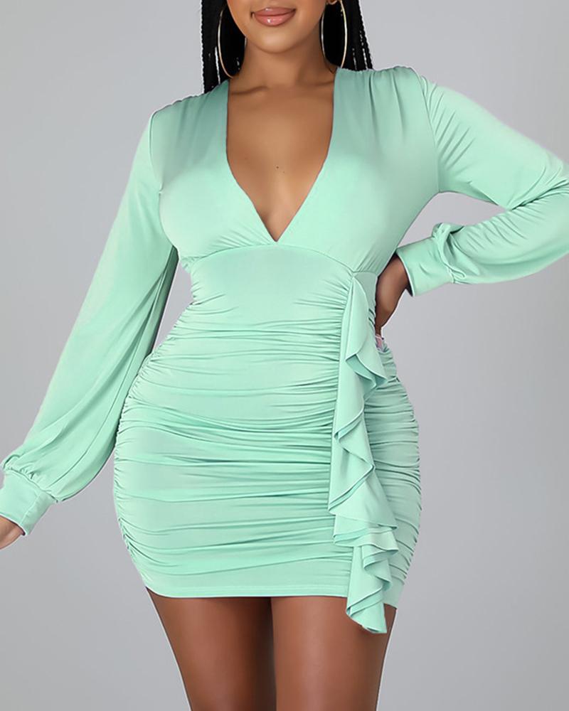 

V-Neck Ruffles Detail Ruched Bodycon Dress, Turquoise blue