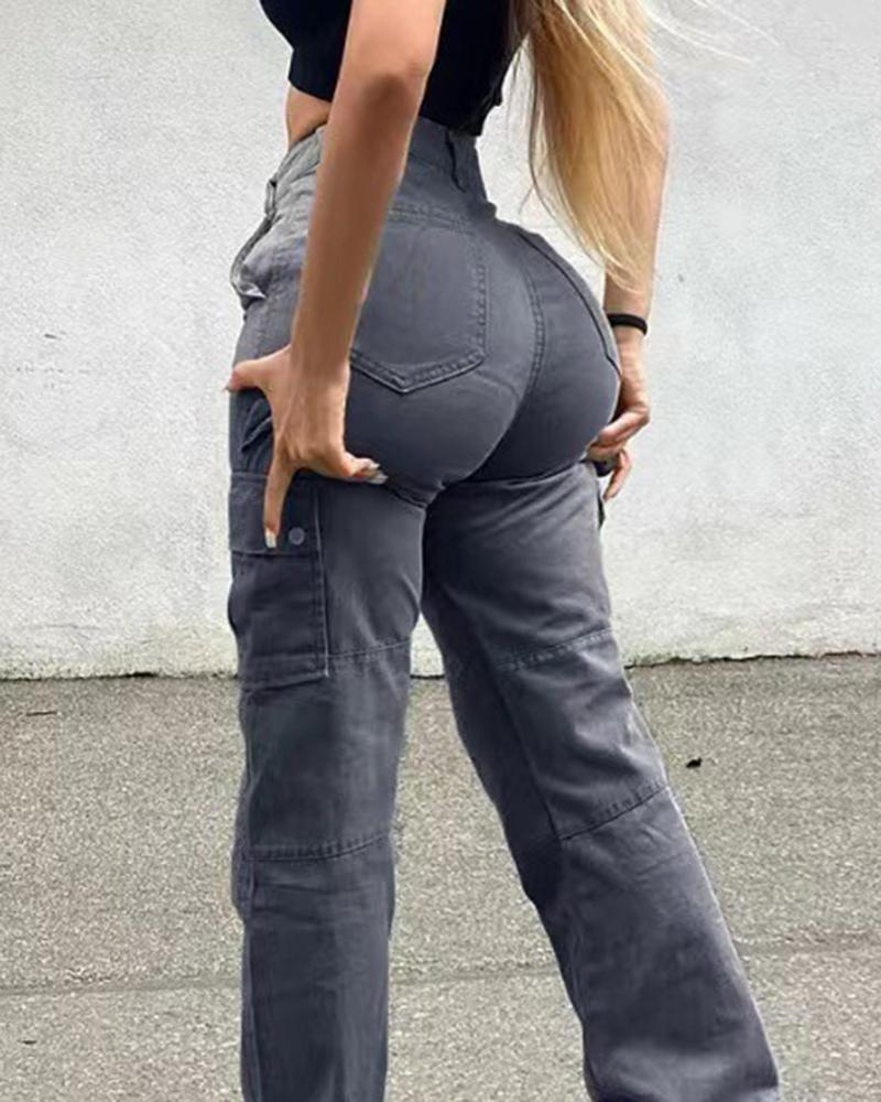 

Pocket Design High Waist Cargo Pants, Gray