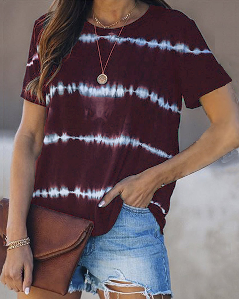 

Tie Dye Short Sleeve Loose T-shirts, Wine red