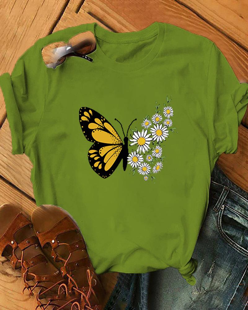 

Butterfly & Daisy Short Sleeve Loose T-shirts, Green