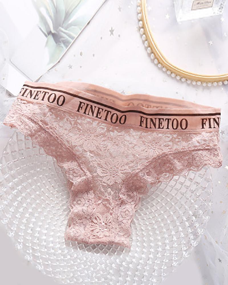

Letter Trim Crochet Lace Thong Panty, Pink