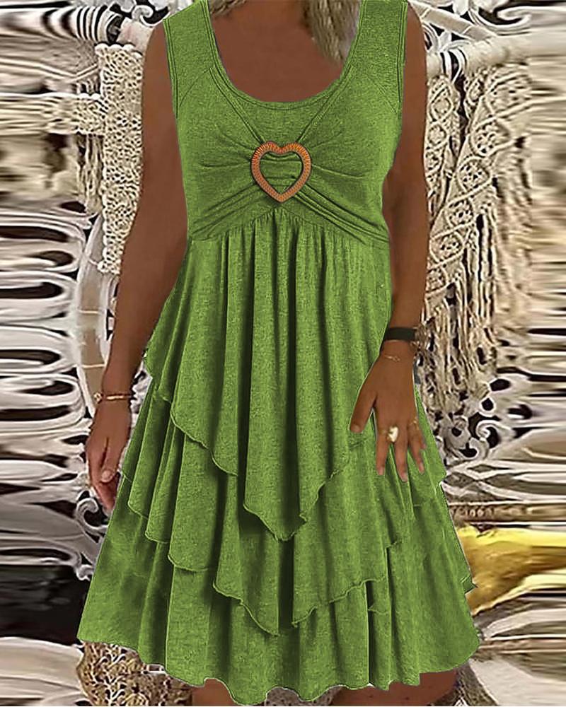 

Heart-Ring Decor Sleeveless Layered Dress, Olive green