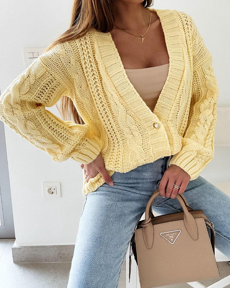 

Long Sleeve Button Front Cable Knit Cardigan, Yellow