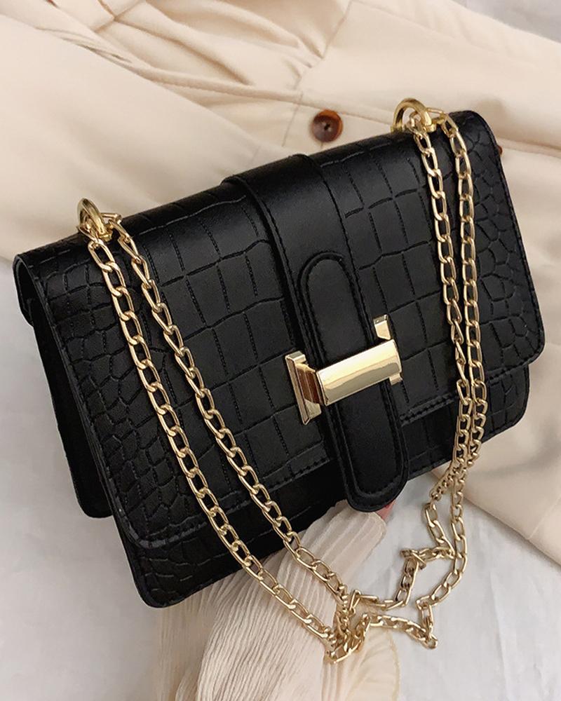 

Embossed Chain Strap Flap Shoulder Bag, Black