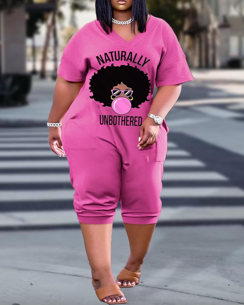 

Plus Size Figure Letter Print Pocket Design Jumpsuit, Pink