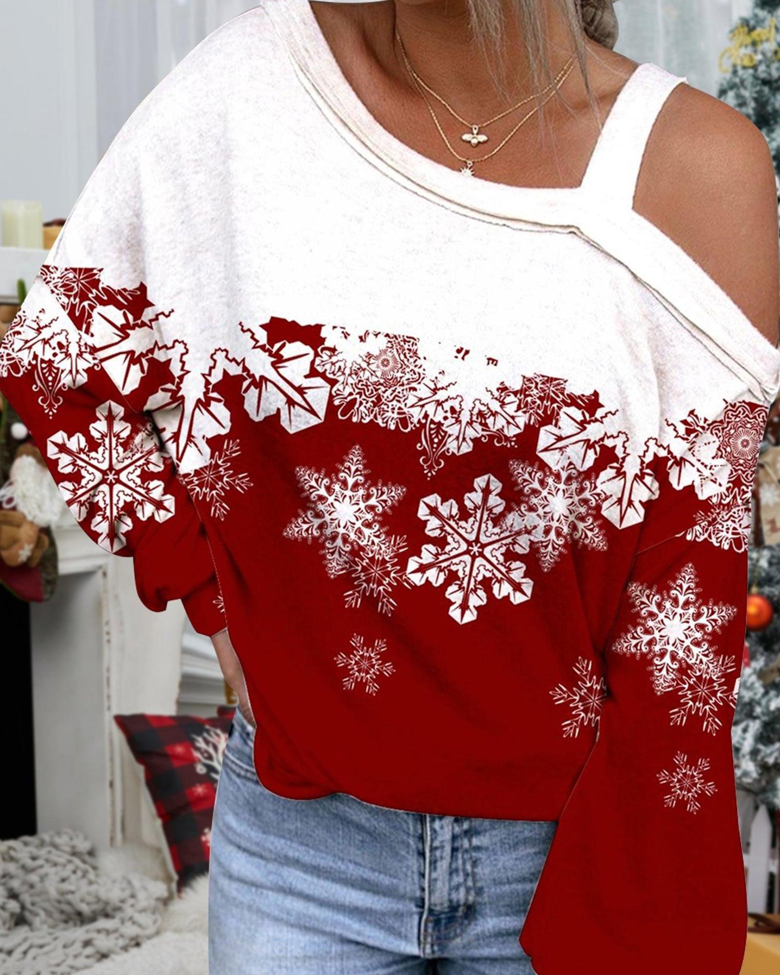 

Christmas Snowflake Print Cold Shoulder Top, Red