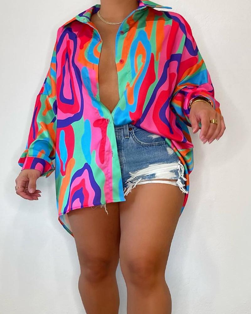 

Plus Size Multi-Color Abstract Print Buttoned Top, Multicolor