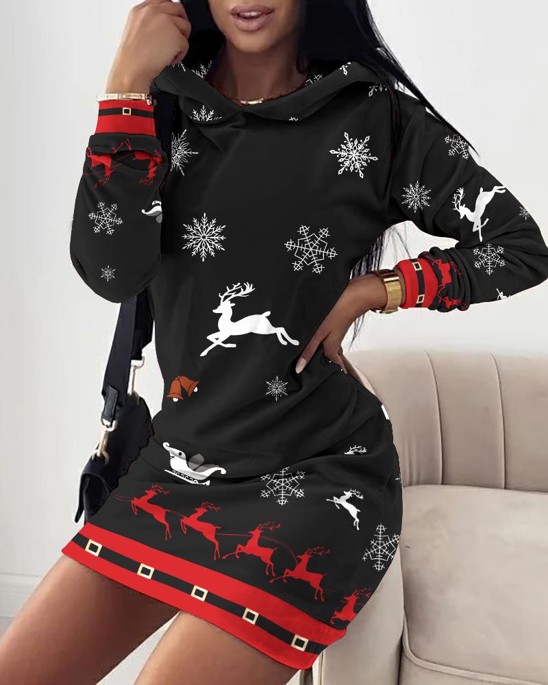 

Christmas Snowflake Elk Print Velvet Hooded Sweatshirt Dress Long Sleeve Casual Mini Dress, Black