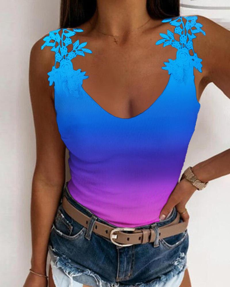 

Ombre Contrast Lace V-Neck Tank Top, Multicolor