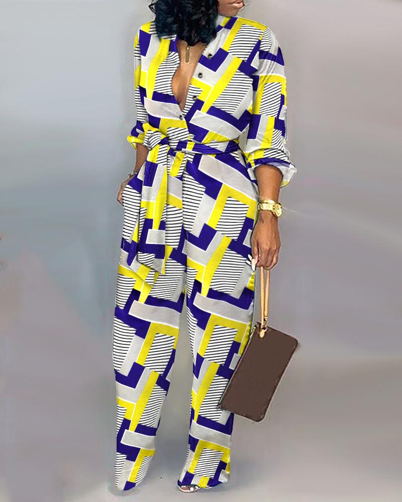 

Geometric Print Button Front Belted Jumpsuit, Yellow