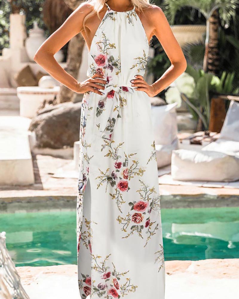 

Halter High-rise Printed High Waist Long Dress, White