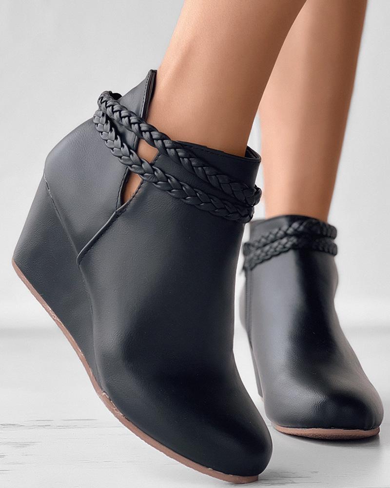 

Round Toe Braided Wedge Boots, Black