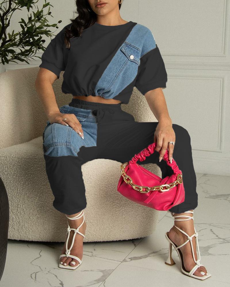 

Contrast Denim Crop Top & Drawstring Pants Set, Black
