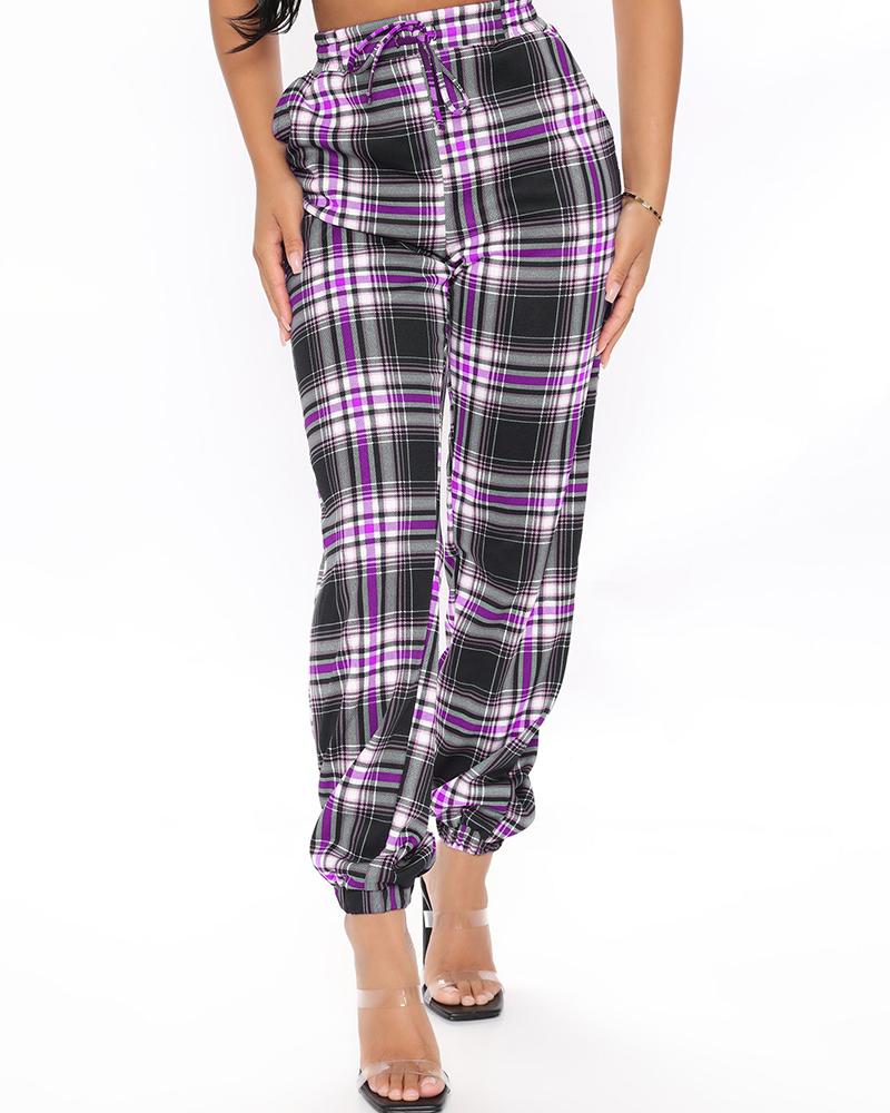 

Tied Detail Pocket Design Plaid Print Harem Pants, Purple