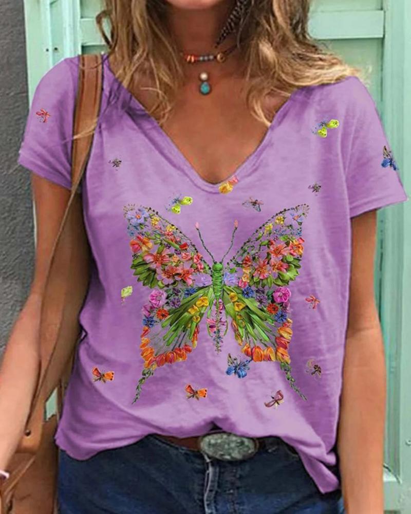 

Floral Butterfly Short Sleeve V-Neck Casual T-shirt, Purple